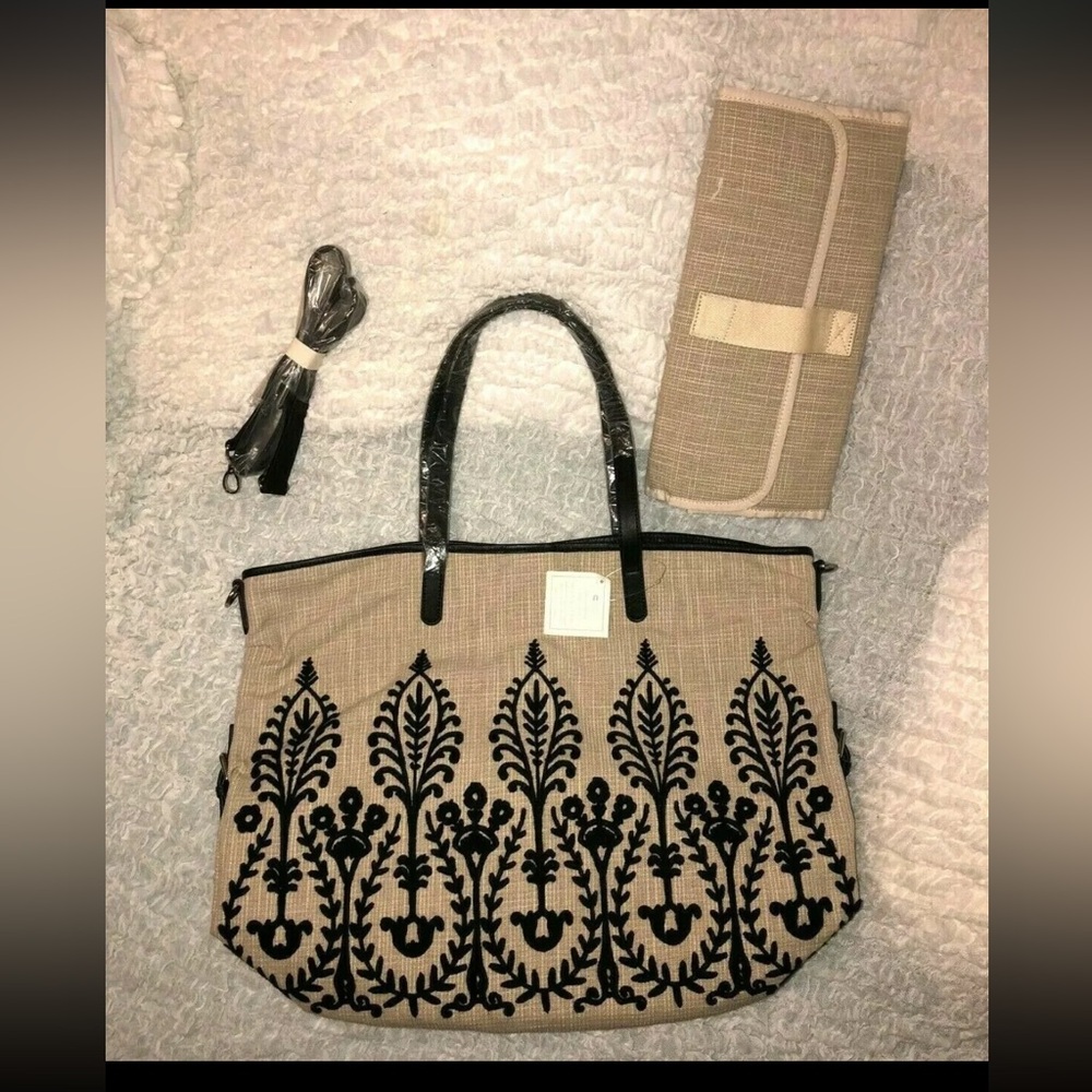 Pottery Barn Kids Natural Embroidered Diaper Tote Leather strap & trim! NWT